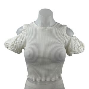 Zara Women's White Cold Shoulder Short Sleeve Rib Knit Blouse Crop Top Size S
